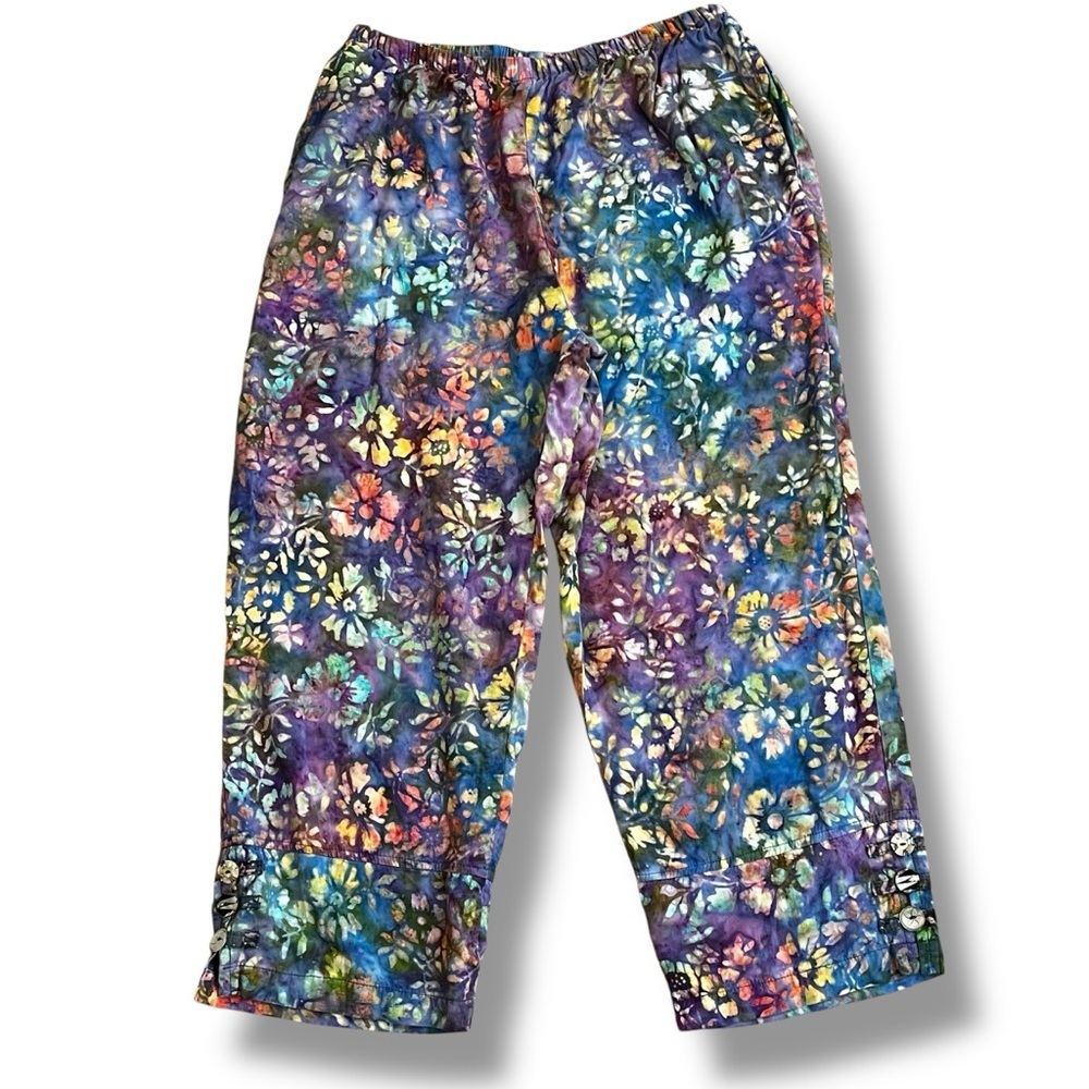 Norm Thompson Floral Tie Dye Pants Medium Lagenlook Hippie Pockets Pull On Boho